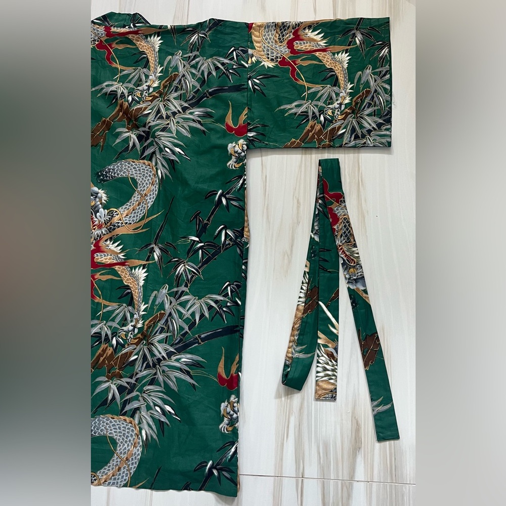 NWOT Japanese Yukata Robe Green Dragon and Bamboo Print Fabric Unisex - Picture 10 of 11